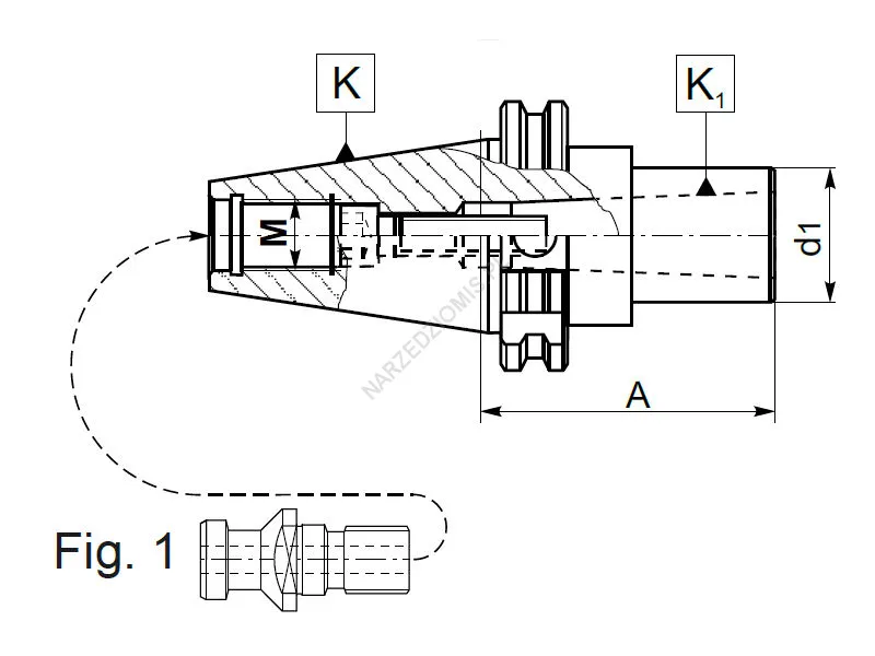 Rysunek techniczny: Tuleja redukcyjna z chw. DIN 69871 na chw.Morse'a z gw.: T.1682 DIN40/MS1 45mm - KOLNO